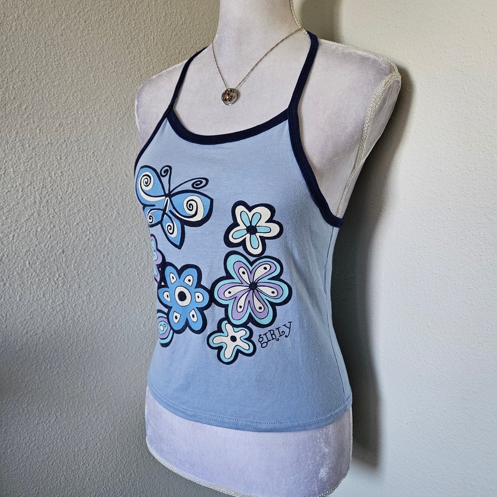 Basic Image Y2K Blue Butterfly Flower Halter Top Girly Graphic